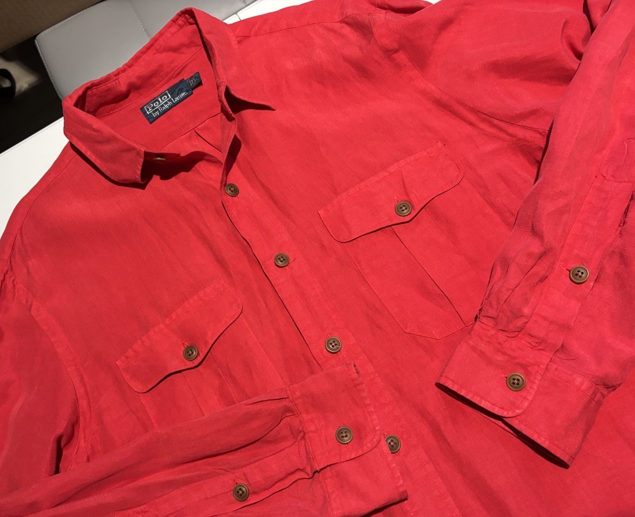 Vtg Polo Ralph Lauren Silk Linen Military Style Size L Red Button Up Shirt S30