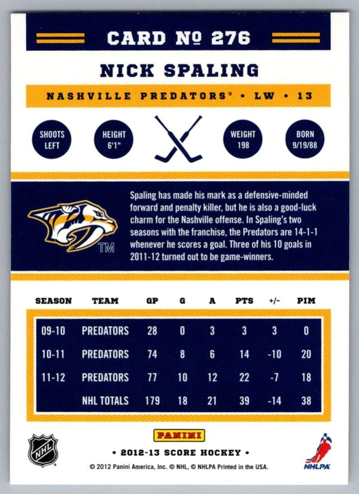 2012-13 Score Gold Rush Nick Spaling Nashville Predators #276 - Image 2 of 2