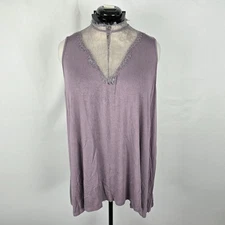 Paper + Tee Sleeveless Blouse Women's 2X Purple Lace V Neck Trim Ruffles Buttons