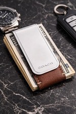 Coach Men s Brown Natural Full Grain Leather W/ Silver Money Credit Card Clip