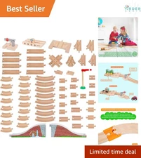 Wooden Train Tracks 68 Pcs Expansion Pack with Bridge Boat Dock Signal