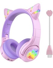 Cat Ear Kids Bluetooth Headphones LED Light 85dB Safe Volume Wireless Wired Mic