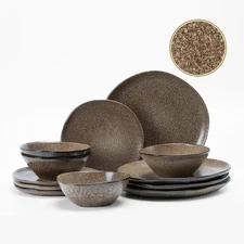 12PCS Stoneware Dinnerware Sets, Plates and Bowls Dish Set for 4, Irregular Vint