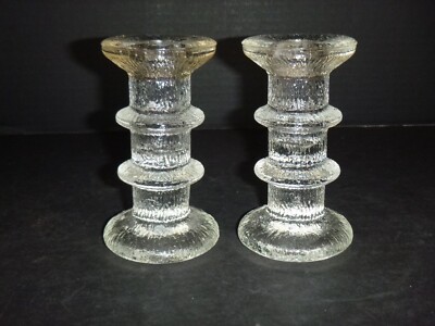 Pr Vtg Luminarc Nordic 2 Ring Clear Glass Candle Holders 4.75'' H