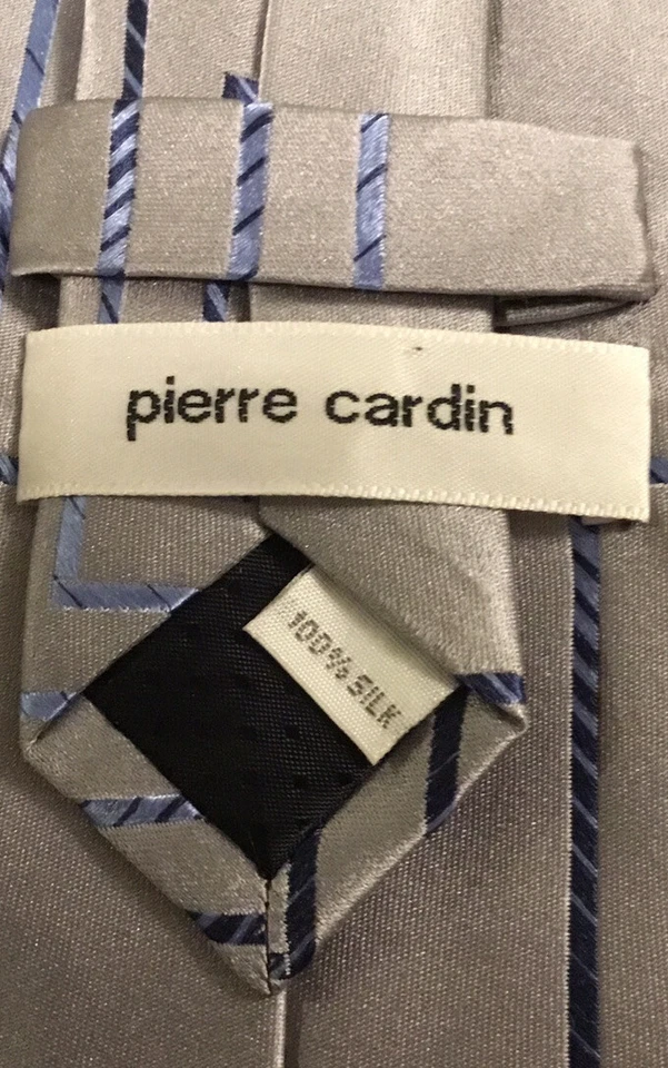 VTG 80’s PIERRE CARDIN Tie 4” Wide Silver w/ Blue Metallic Squares 100% Silk - Image 4 of 4