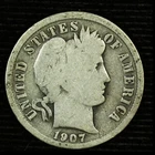 Barber Silver Dime. 1907 P. Good Circulated. JRRC Lot # 1059