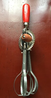 Vintage A & J High Speed Super Center Drive Egg Beater Mixer Red Wood Handle