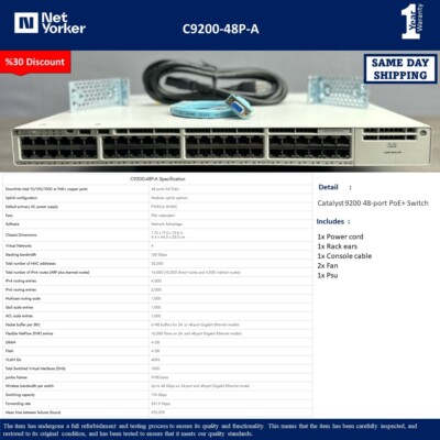 Cisco C9200-48P-A Catalyst 48x 1GB Port POE+ 1x AC PSU - Same Day Shipping