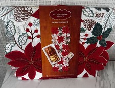 Poinsettia Christmas Table Runner 13"x 36 Holiday St Nicholas Square New BxM