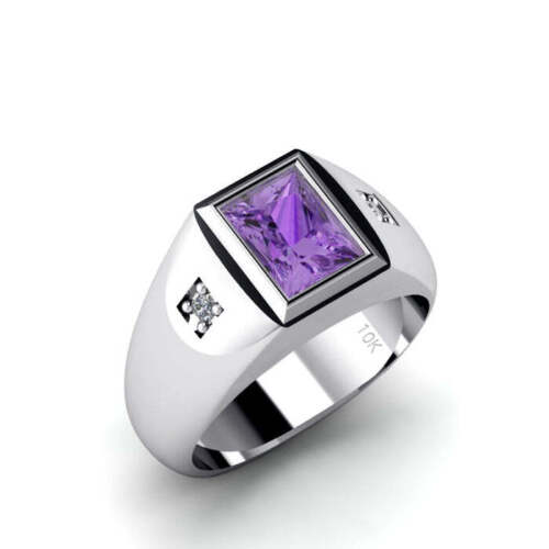 Natural Diamonds & Amethyst Gemstone Ring for Men in 10K White Gold Turkish Hand - Picture 1 of 42