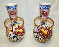 PAIR OF GIEN PEONY MODEL AMPHORA VASES