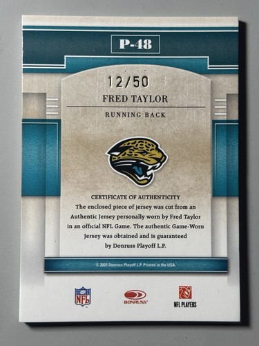 Fred Taylor 2007 Donruss Gridiron /50 Gear Performers Jersey Relic Game Used SP - Afbeelding 2 van 3