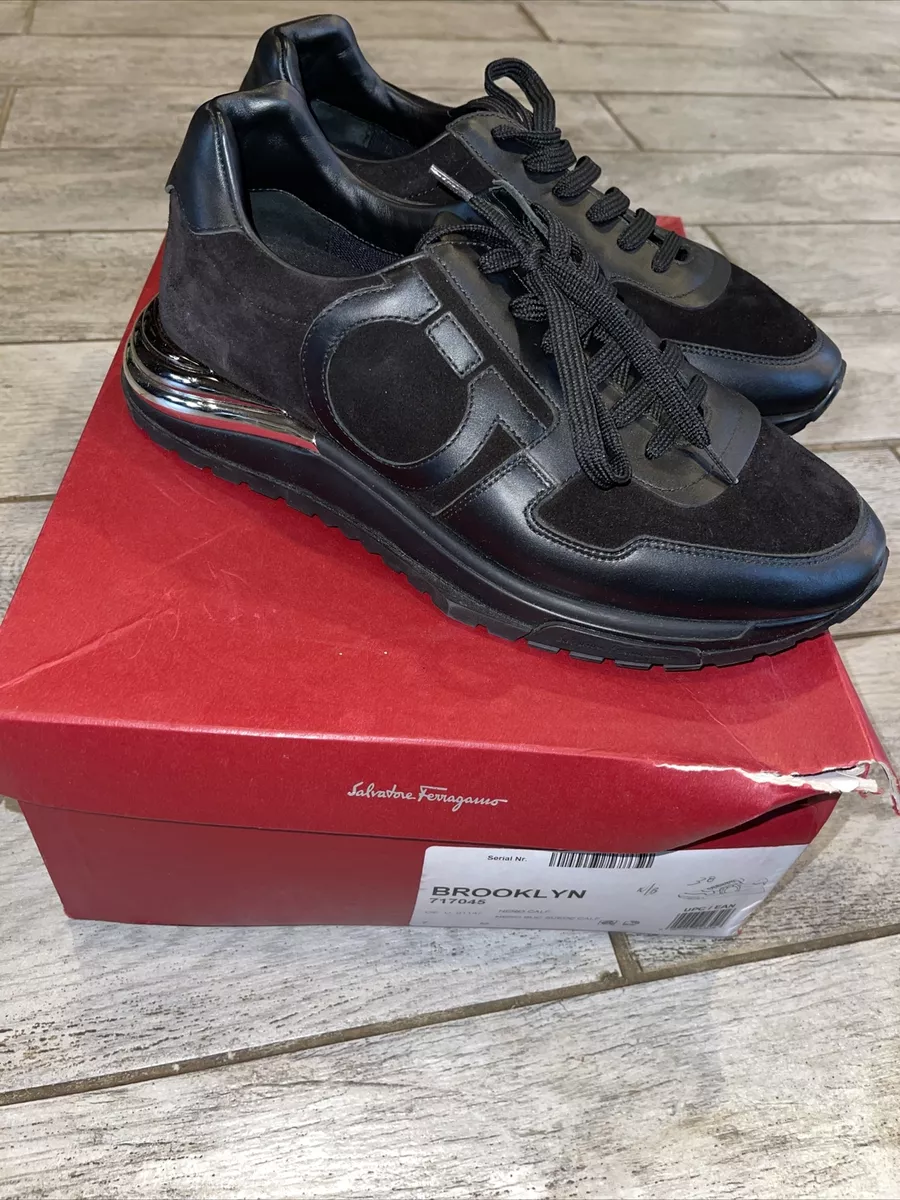 Salvatore Ferragamo Brooklyn Leather Sneakers Size7M Black Silver
