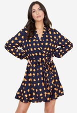 Womens Black Neon Abstract Spot Print Ruffle Wrap Skirt Long Sleeved Dress