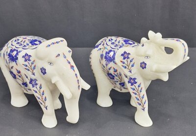 White Marble Elephant Floral Inlay Decor With Semi Precious Stones