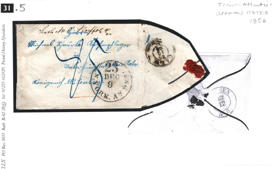 USA Transatlantic Cover 1856 GERMAN STATES *Calw* CHRISTMAS DAY Delivery 31.5 - Image 2 of 4