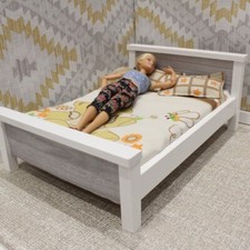 Barbie Doll Bed Grey Wood Effect 1:6 Scale Dollhouse Furniture