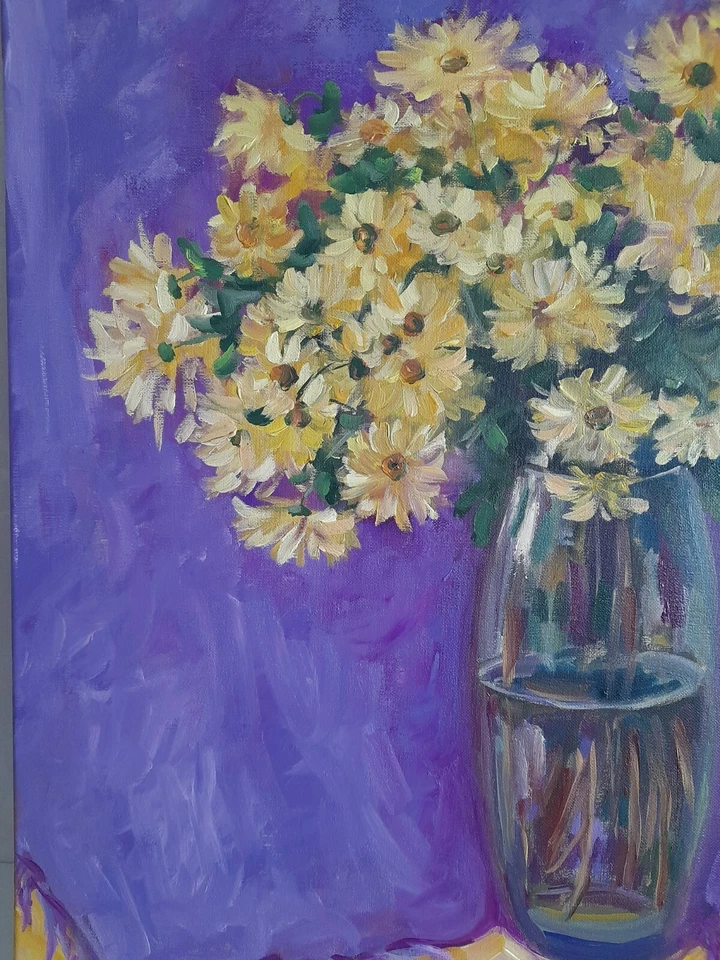 Crisantemos pintura al óleo original, flores en jarrón arte de pared, otoño amarillo Foto 3 de 4
