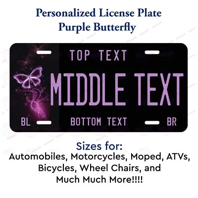 Customized Purple Butterfly Pixie Dust LICENSE PLATE Auto ATV bicycle MOPED gift