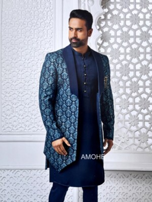 Indian Ethnic Sequin Heavy Embroidery Open Indowestern Suit wit Kurta Pajama Men