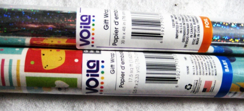 Voila Gift Wrapping Paper 2 rolls Baby theme & shimmer foil new - Image 2 of 4