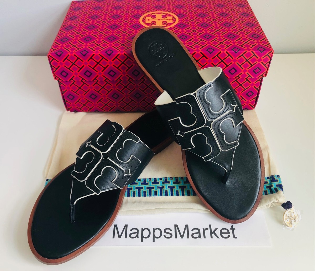 Tory Burch★関税込み Logo Leather Toe-Post Sandals Tory Burch Miller Leather Logo Wedge Thong Sandals | Neiman