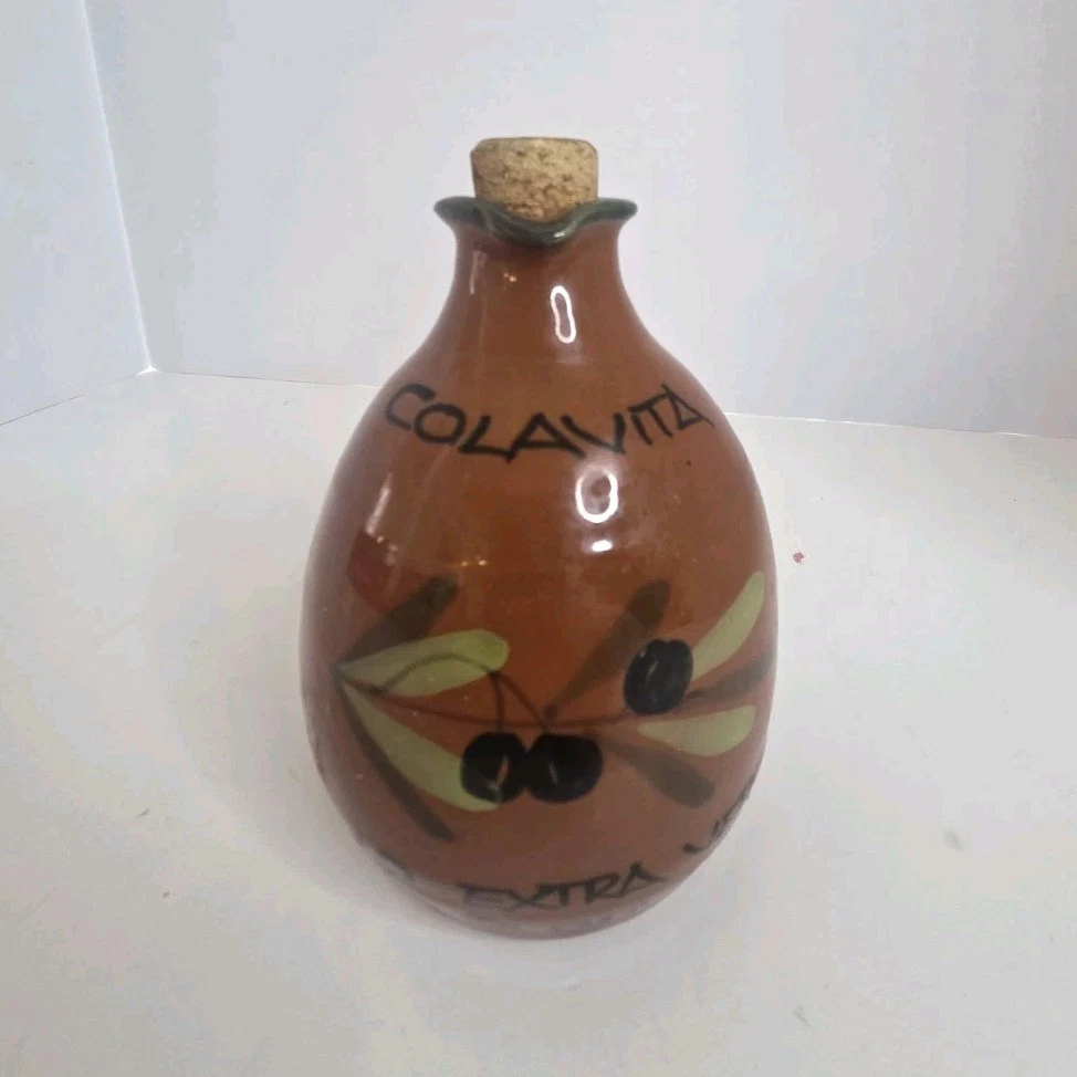Colavita Ceramic Olive Oil Bottle, Pour Spout, Cork Stopper, Olive Decoration