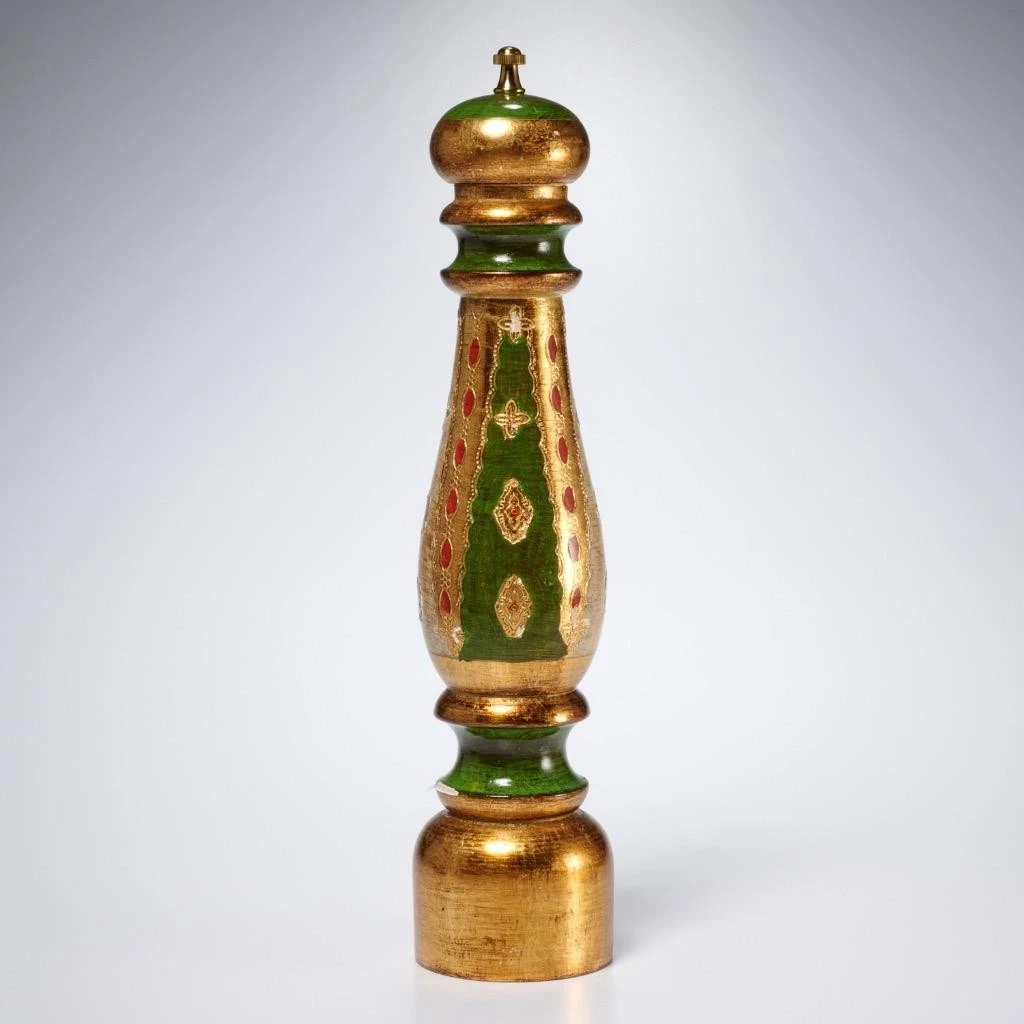 Italian Hand Painted Florentine Wood Green Gold Gilt Pepper Grinder Mill 14.5"h