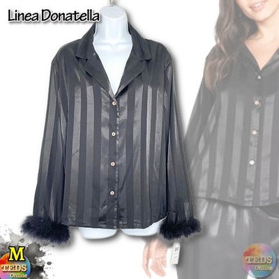 NWT Linea Donatella Women's M Satin Feather-Trim Pajamas Top ONLY SRP045, Black