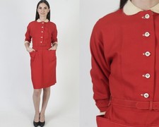 Vtg 50s Red Holiday Dress Peter Pan Collar Belted Knee Length MCM w/ Pockets