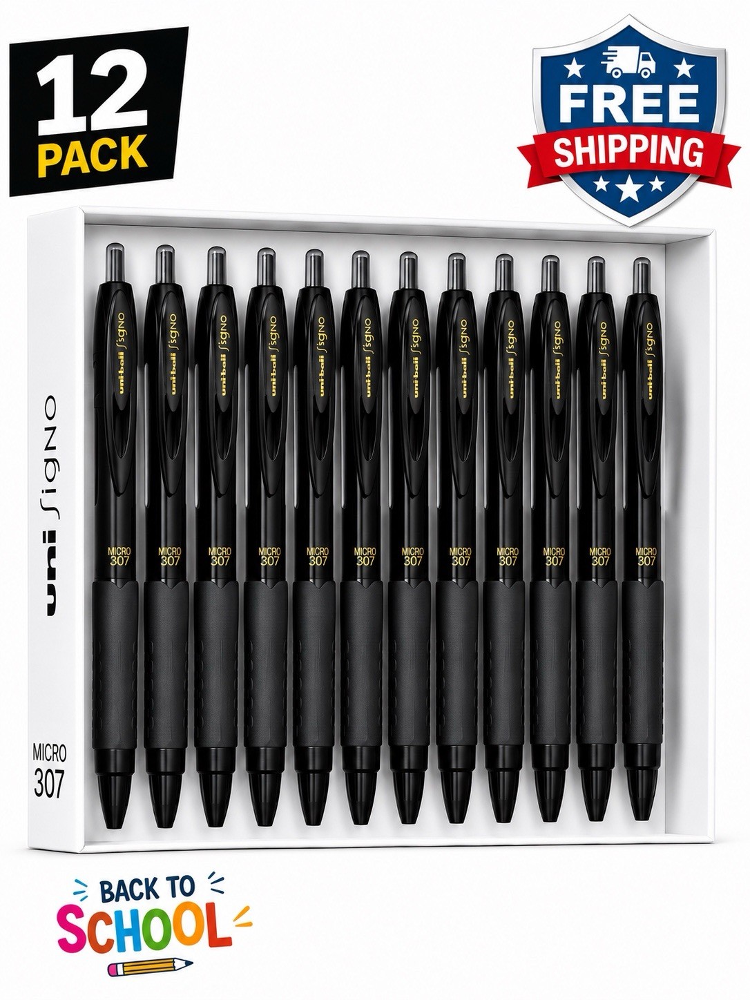 Uni-ball Signo 307 Micro Black Gel Pens 0.38mm Retractable Rubber Grip 12 Pack