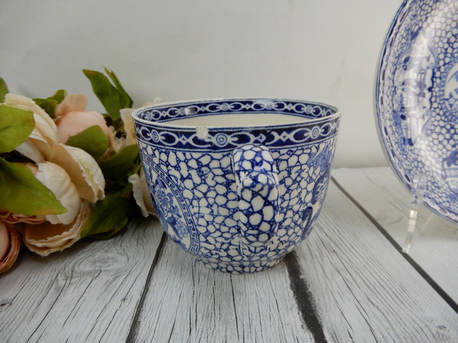 William Adams Pottery Pottery Blue & White Chinese Bird Jumbo Cup and Bowl