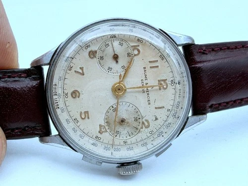 Rare 1950's Baume & Mercier Chronograph ref. 908 Stainless Original Dial RUNS