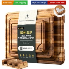 3 Pack Teak Wood Cutting Board Set for Kitchen Charcuterie Board Serving Heav...