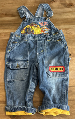 Vintage Bob The Builder Denim Toddler Bib Overalls BOYS~SZ 12 MOS ''YES WE CAN''!