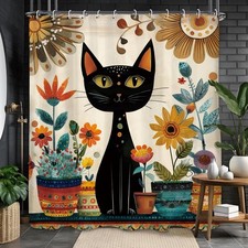 Vintage Black Cat Shower Curtain 60x71 Bathroom Decor Funny Animal Shower