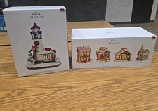 2018 Hallmark Luminous Lighthouse And Gingerbread Village Tree Ornaments 