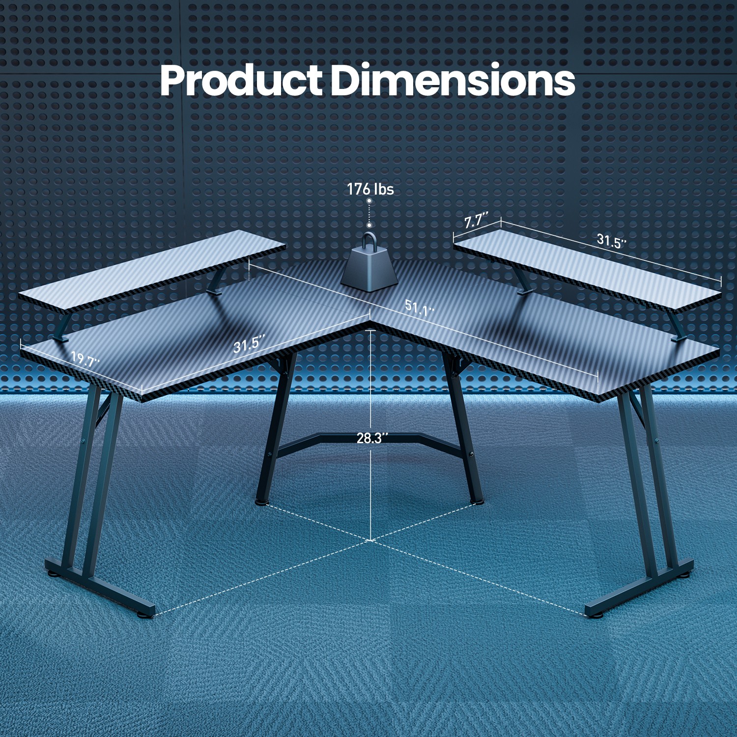 51 Inch L Shaped Gaming Desk with LED Light, Corner Desk with 2 Monitor Stands