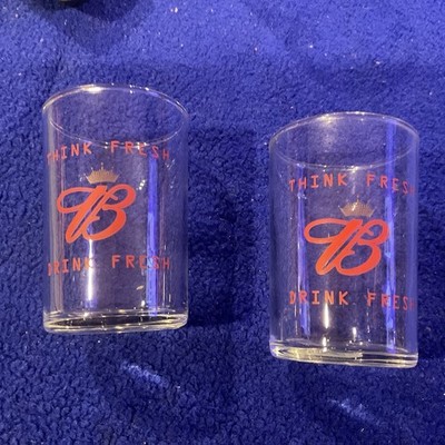 2 Budweiser Vintage Think Fresh Drink Fresh Beer Tasting Glass Cup gold crown 