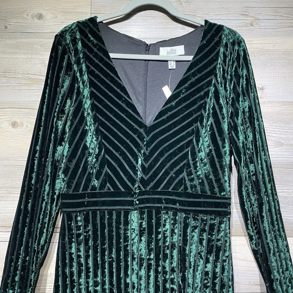Belle Badgley Mischka Lara Stretch Velvet Maxi Gown Dress Size 10 Dark Green - Image 4 of 4