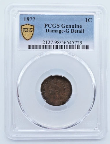 1877 Indian Head 1c Cent PCGS Genuine Damage G Detail Gold Shield Label - T295