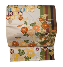 Japanese Kimono Fukuro Obi Colored Floral Gold Waves Pattern Pre-owned Silk