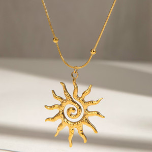 Authentic Women Silver Gold Plated Sun Pendant Necklace Beads Chain PE44