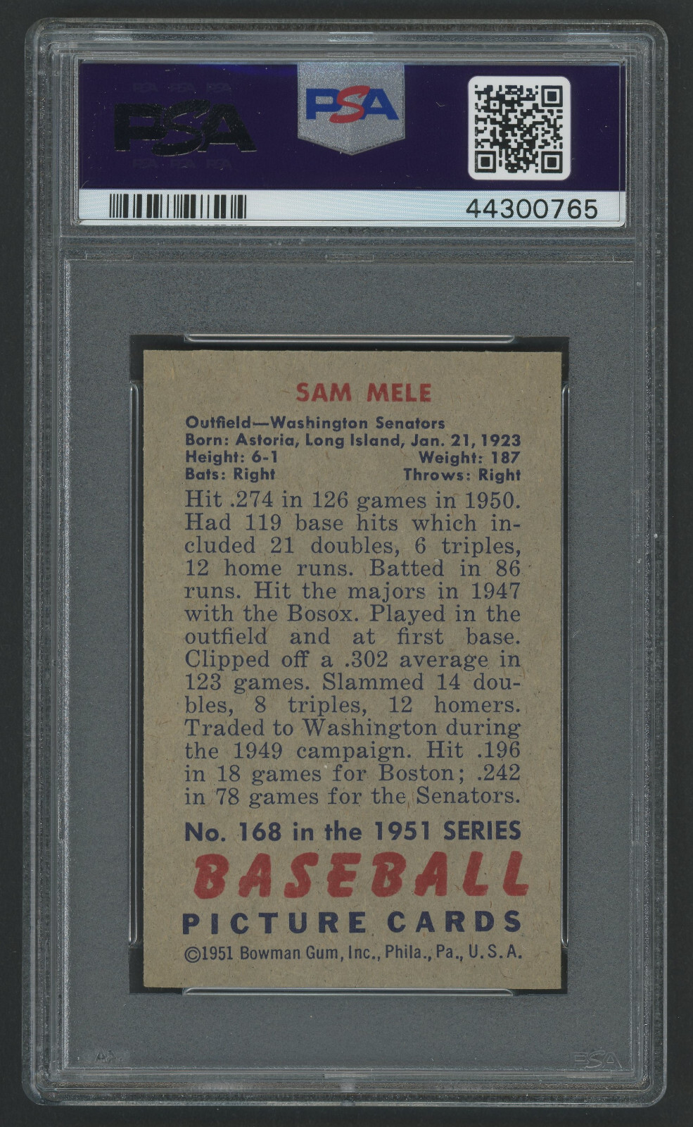 1951 Bowman #168 Sam Mele PSA 6 Washington Senators Vintage Baseball Card view 2