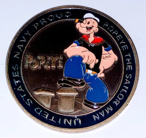 NAVY PROUD POPEYE SAILOR ANTIQUED COLORIZED ART ROUND CHALLENGE COIN