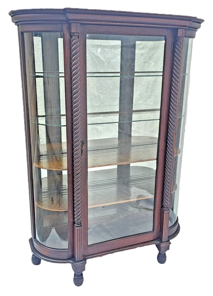 Дубовый изогнутый стеклянный фарфоровый шкаф испанского возрождения с ячменными витыми колоннами 1910 - Изображение 4 из 4