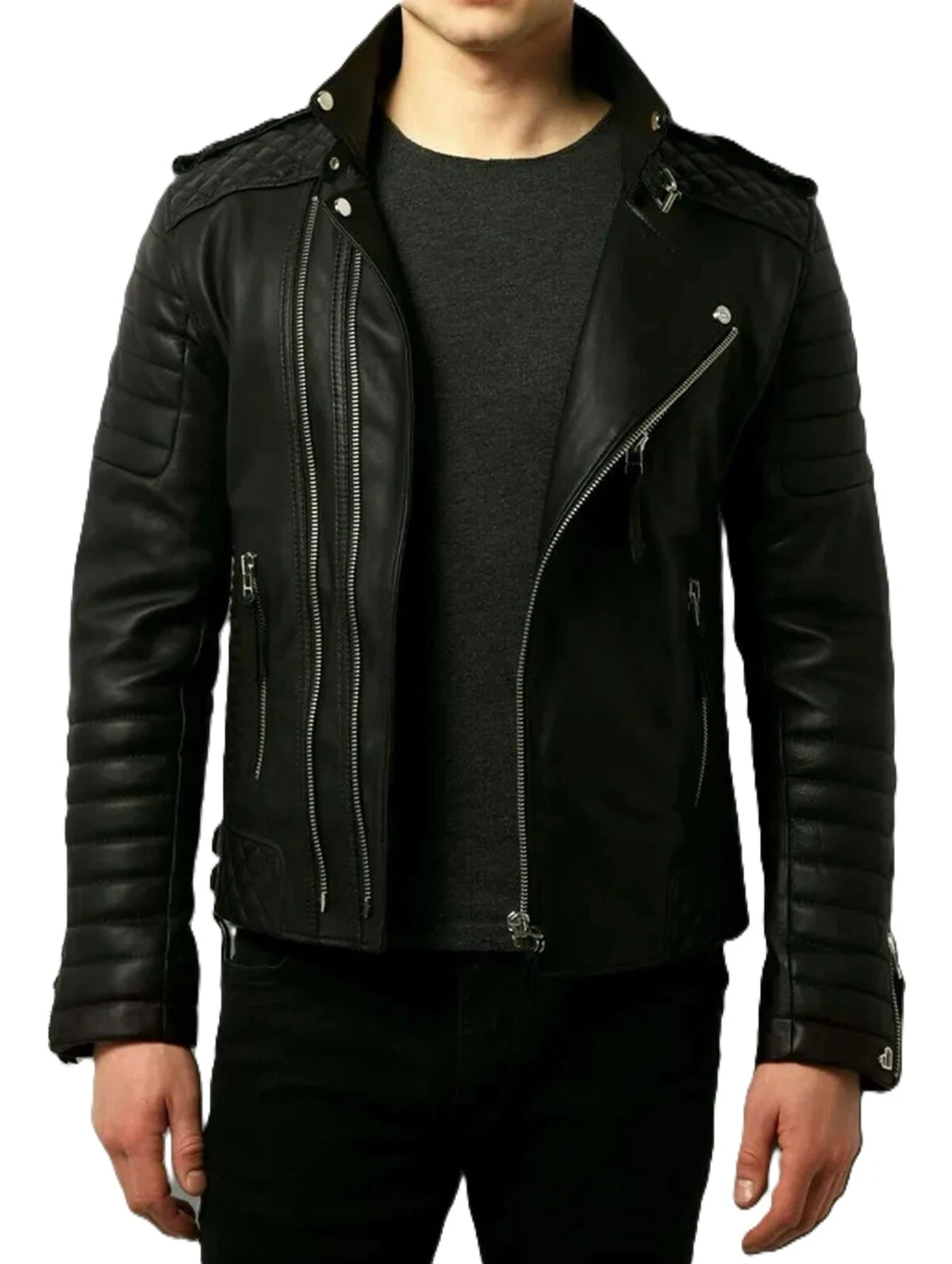 Leather Jacket Biker Men's Motorcycle Black Real Men Genuine Racer Cafe Vintage