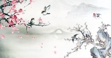 Pink Flower Bird Bridge Painting Large Wall Art Framed Canvas Picture 20x30"