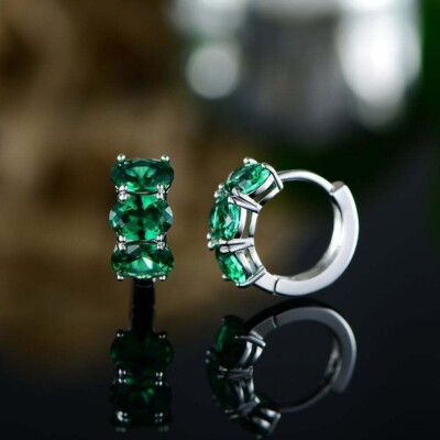 1.20Ct Oval Cut Lab Created Emerald Women's Hoop Earrings 14k White Gold Plated