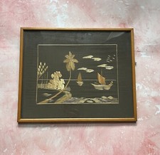 Vintage Straw Art Island Scene Wooden Frame Retro Mid Century Modern Style